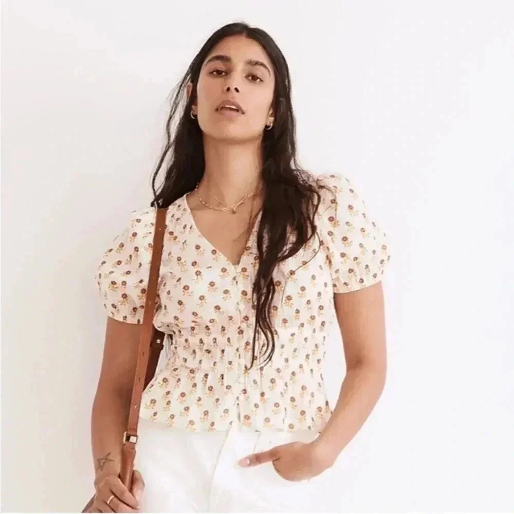 Madewell Sophia Short-Sleeve Top in Wild Calendula Block-Print Size XS